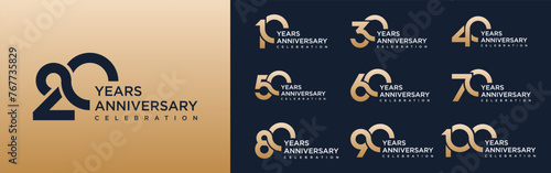 collection of 10 to 100th anniversary logotype design, with golden color for celebration event, wedding, greeting card, and invitation, vector illustration