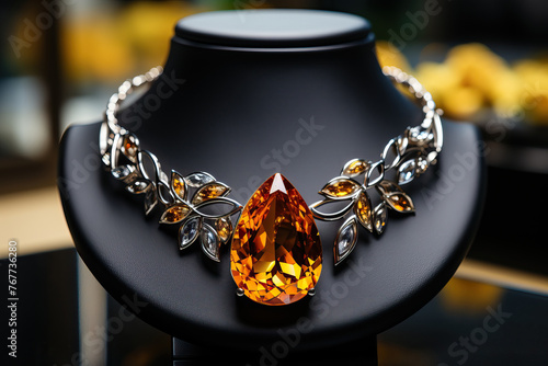 Gold necklace with amber stones on a black stand. photo