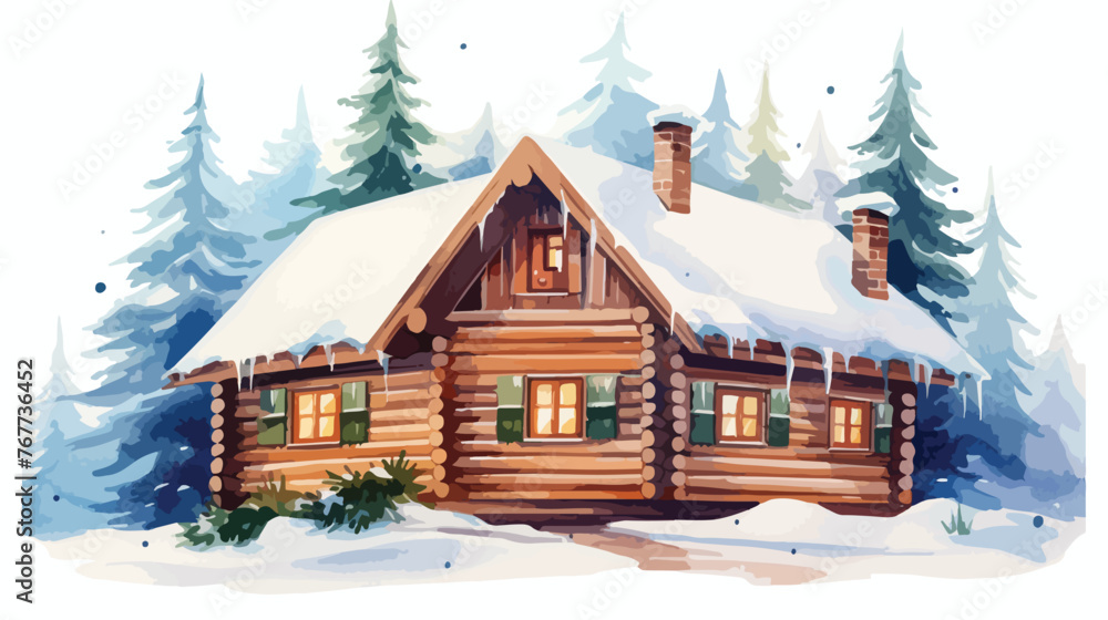 Watercolor Snowy Log Cabin Flat vector isolated on white