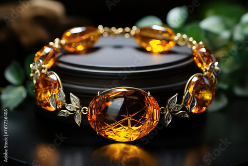 An exquisite and expensive amber bracelet on the hand.