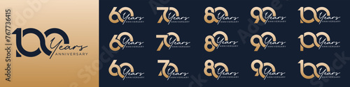 collection of 60 to 100th anniversary logotype design, with golden color for celebration event, wedding, greeting card, and invitation, vector illustration