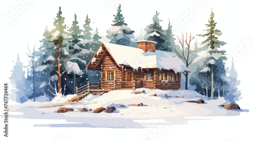 Watercolor Snowy Log Cabin Flat vector isolated on white