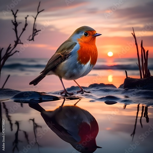 A beautiful little red robin looking into its own reflection the sunset ocean