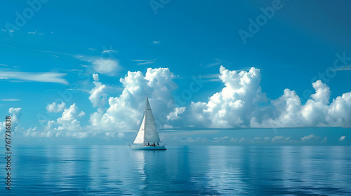 a sailboat floating in the middle of the ocean under a cloudy blue sky with a few clouds in the distance.
