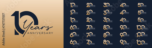 collection of 10 to 100th anniversary logotype design, with golden color for celebration event, wedding, greeting card, and invitation, vector illustration
