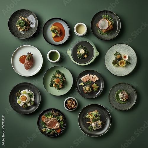 set of plates with food on an isolated background