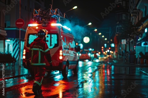 A fireman in full gear walks down a wet street under heavy rain, likely responding to an emergency call. Generative AI