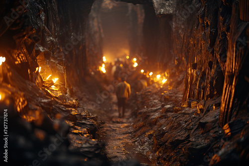 A male miner in a mine with poor lighting extracts coal.