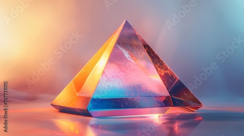 A vibrant and colorful glass pyramid, standing tall against a soft pastel background. The reflections on the surface of each face create an intricate play of light and shadow