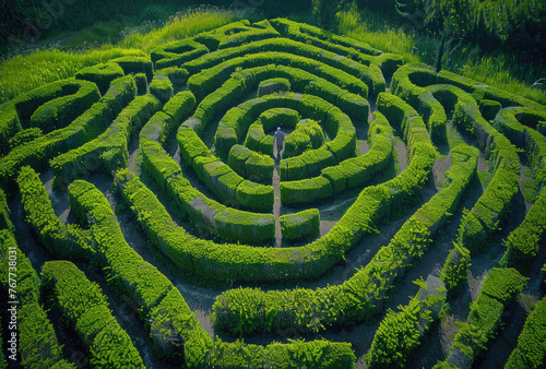 A labyrinth made of hedges in the middle of an enchanted forest, an aerial view, a small figure is lost among them photo