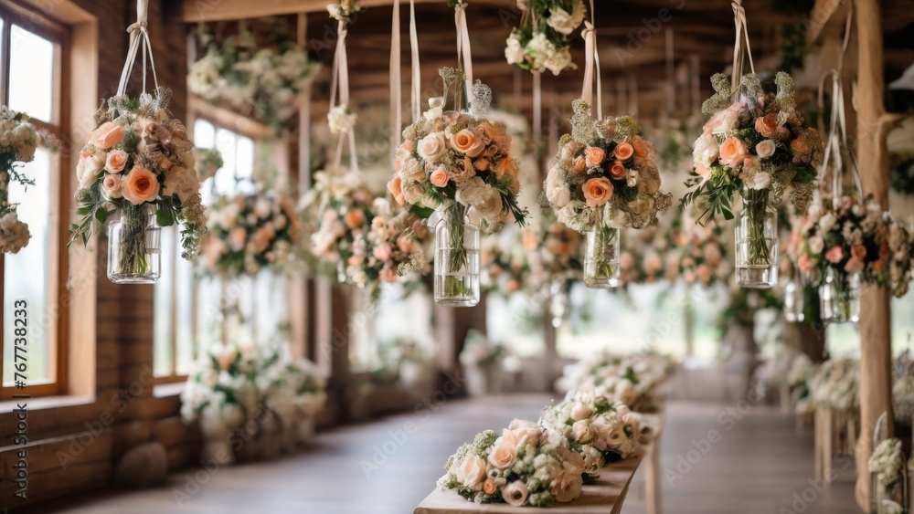 Experience original wedding floral decoration with mini-vases and bouquets of flowers hanging elegantly from the ceiling, adding charm and romance to the venue.