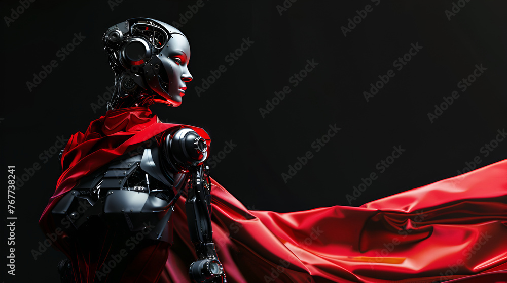 Portrait of a woman-robot in red clothes on the black background Portrait of a woman-robot in red clothes on the black background