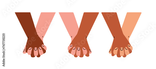 Two hands holding together set. Partners intertwined fingers in love, romantic relationship. Togetherness, trust in couple, concept. Flat graphic vector illustrations isolated on white background