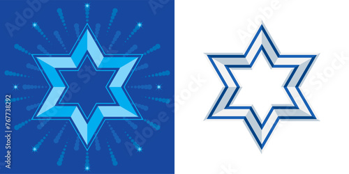 Star of David with the Israeli flags and fireworks. Independence Day of Israel concept. Vector illustration