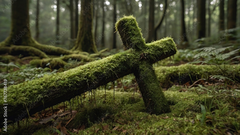 Step into a world of serenity as you encounter a cotton cross veiled in moss, its presence lending a sense of reverence to the lush green forest. Step into a world of serenity as you encounter a cotton cross veiled in moss, its presence lending a sense of reverence to the lush green forest.