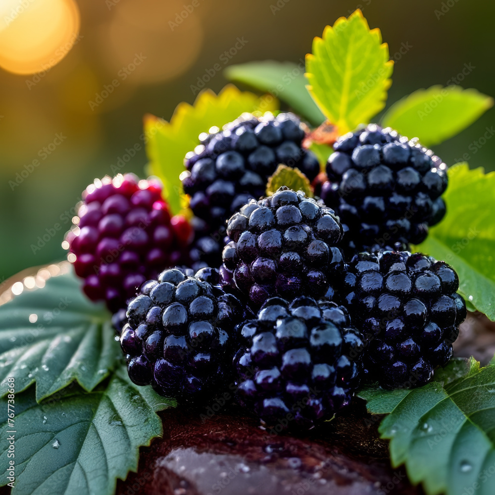 Blackberries and raspberries on wooden board with bokeh background Blackberries and raspberries on wooden board with bokeh background