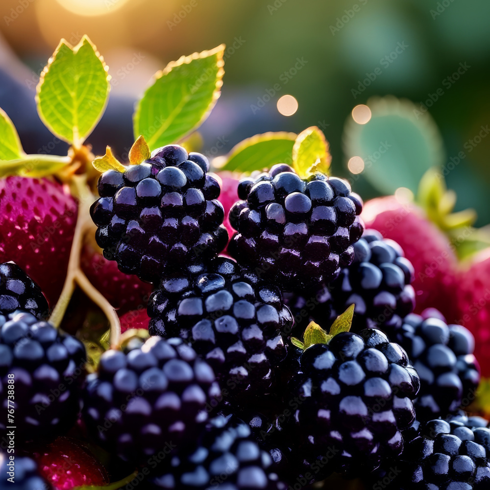 Blackberries and raspberries on wooden board with bokeh background Blackberries and raspberries on wooden board with bokeh background