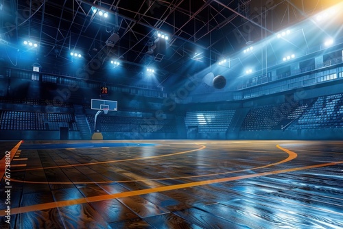 Empty basketball arena stadium sports ground with flashlights and fan sits