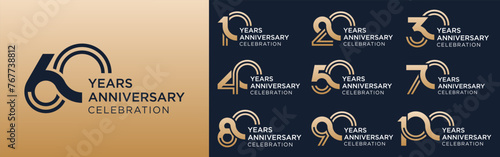 collection of 10 to 100th anniversary logotype design, with golden color for celebration event, wedding, greeting card, and invitation, vector illustration