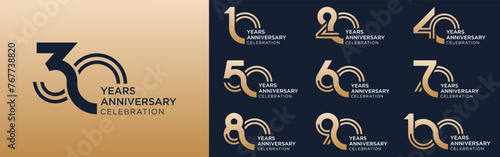 collection of 10 to 100th anniversary logotype design, with golden color for celebration event, wedding, greeting card, and invitation, vector illustration