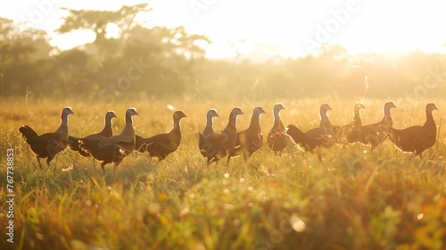 A flock of guinea fowl strutting gracefully across a sun-kissed field  their plumage gleaming. 