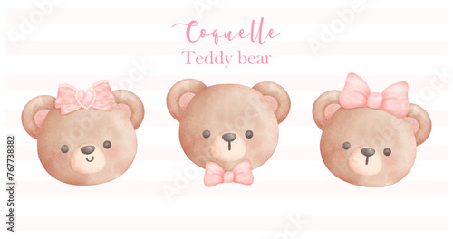 set of Coquette Teddy Bear face with ribbon bow Trendy Retro Vintage Watercolor Illustration banner