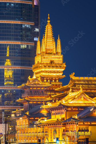 view of Golden Temple at night, Shanghai, China