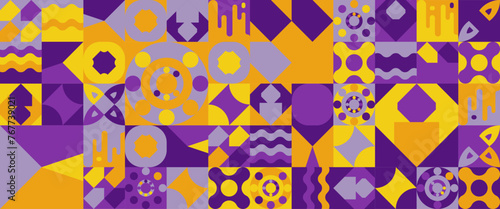 Yellow orange and purple violet geometric mosaic seamless pattern illustration with creative abstract shapes. For banner, background, cover, poster, wallpaper, presentation background, certificate