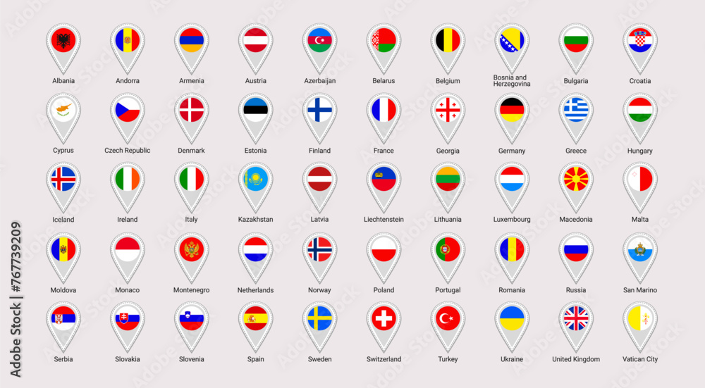 © nataliesezam - Europe flag map pins isolated icons vector illustration. European countries location point, signs shapes. EU official symbols stickers set with state name. UK, Germany, France, Ukraine round badges. © nataliesezam - Europe flag map pins isolated icons vector illustration. European countries location point, signs shapes. EU official symbols stickers set with state name. UK, Germany, France, Ukraine round badges.