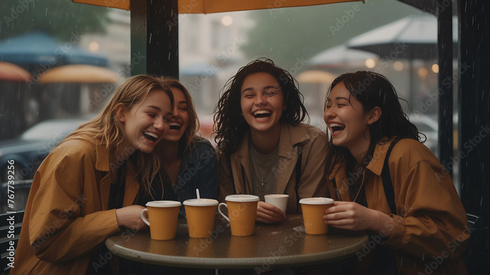 A group of three women are sitting at a table laughing with four cups of coffee, In rainy