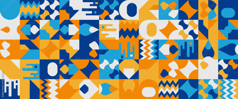 Blue orange and white vector illustration geometric minimal pattern mosaic. Simple circle shapes, modern banner vector design. For web design, business presentation, website header Blue orange and white vector illustration geometric minimal pattern mosaic. Simple circle shapes, modern banner vector design. For web design, business presentation, website header