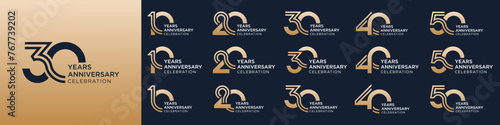 collection of 10 to 50th anniversary logotype design, with golden color for celebration event, wedding, greeting card, and invitation, vector illustration