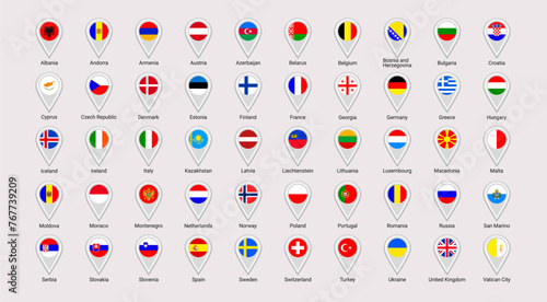 Europe flag map pins isolated icons vector illustration. European countries location point, signs shapes. EU official symbols stickers set with state name. UK, Germany, France, Ukraine round badges.