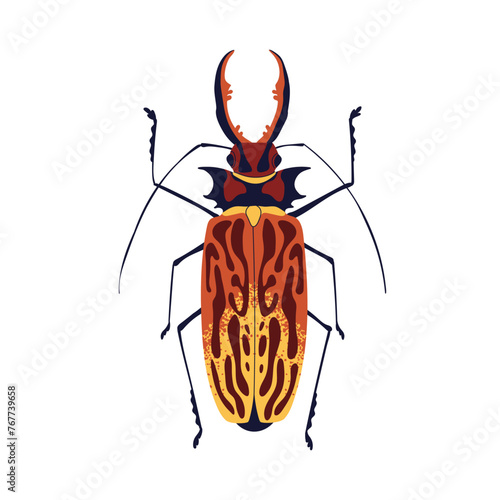 Macrodontia cervicornis bug. Big sabertooth longhorn beetle. Large horned insect. Forest fauna, animal species. Flat graphic vector illustration isolated on white background