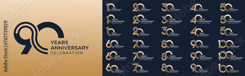 collection of 10 to 100th anniversary logotype design, with golden color for celebration event, wedding, greeting card, and invitation, vector illustration