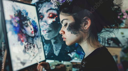 A woman wearing makeup is attentively inspecting a painting in a gallery or museum