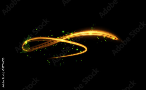 Golden swirl with green petals, magic vector illustration.