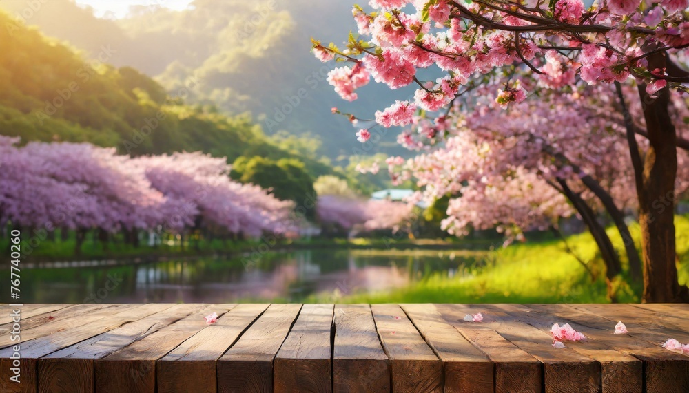 spring in the park Close-up an empty wooden table on nature outdoors in ...