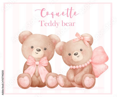 Two Coquette Teddy Bear with ribbon bow Trendy Retro Vintage Watercolor Illustration