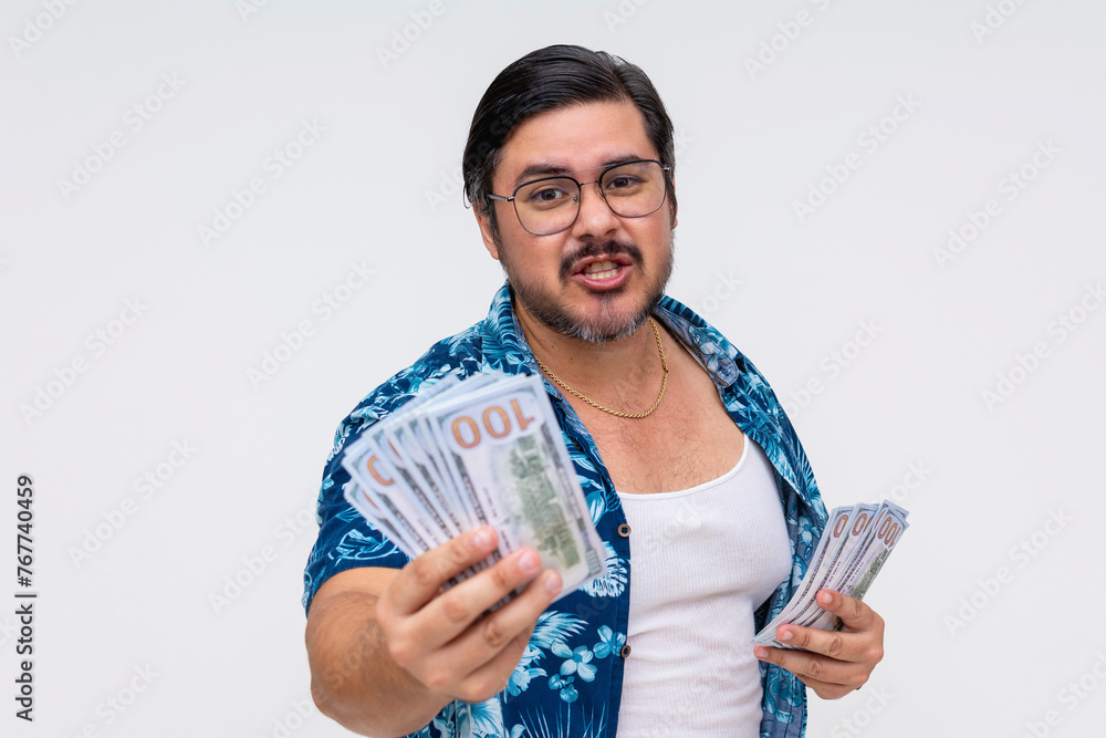 A perverted middle aged tourist in an unbuttoned Hawaiian shirt offering cash for an illicit offer. Isolated on a white background. A perverted middle aged tourist in an unbuttoned Hawaiian shirt offering cash for an illicit offer. Isolated on a white background.