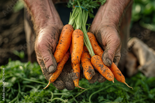 Close-up of Farmer's Hand Holding Freshly Harvested Carrots, Agriculture and Harvesting Concept