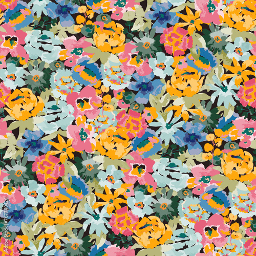  Abstract floral seamless pattern. Bright colors, gouache painting.hand drawn, not AI
