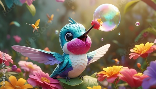 "In this cute and charming scene, a hyperrealistic 3D bubble hummingbird character perches on a flower petal with a happy and content expression, admiring the colorful garden around it."