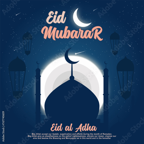 Eid Mubarak premium vector illustration design. Blue and dark gradient eid al adha mubarak background with star and moon. Islamic light design eid mubarak.