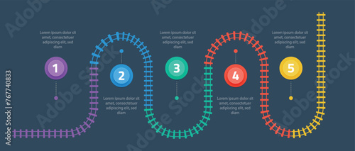 Railroad tracks infographic. Business template with numbers 5 options or steps. Railway simple icon, rail track direction, train tracks colorful vector illustration on a black background.