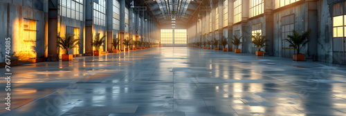 Empty industrial space interior. Open unoccupied, Industrial building or modern factory for manufacturing production plant or large warehouse Polished concrete floor clean condition