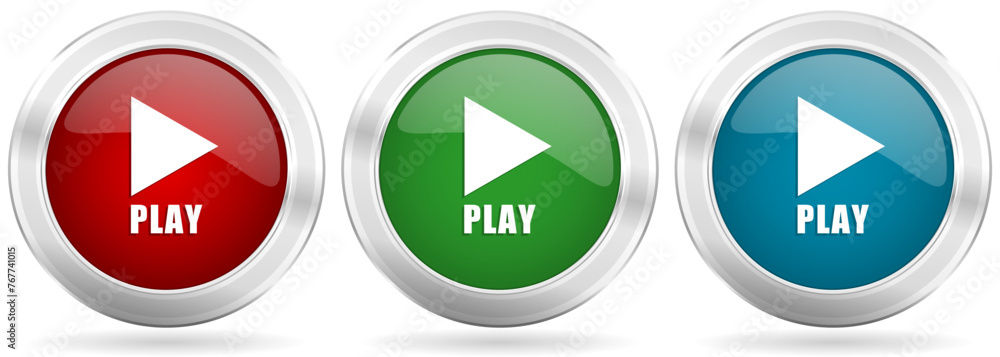 Play vector icon set. Red, blue and green silver metallic web buttons with chrome border Play vector icon set. Red, blue and green silver metallic web buttons with chrome border