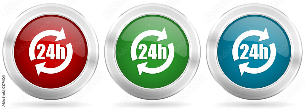 24h vector icon set. Red, blue and green silver metallic web buttons with chrome border 24h vector icon set. Red, blue and green silver metallic web buttons with chrome border