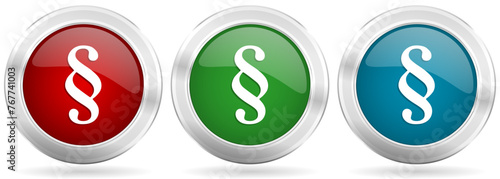 Paragraph vector icon set. Red, blue and green silver metallic web buttons with chrome border