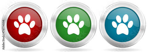 Animal foot vector icon set. Red, blue and green silver metallic web buttons with chrome border